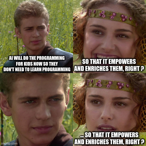 Anakin meme, with Padme asking if making kids stop learning programming will benefit them in the long run